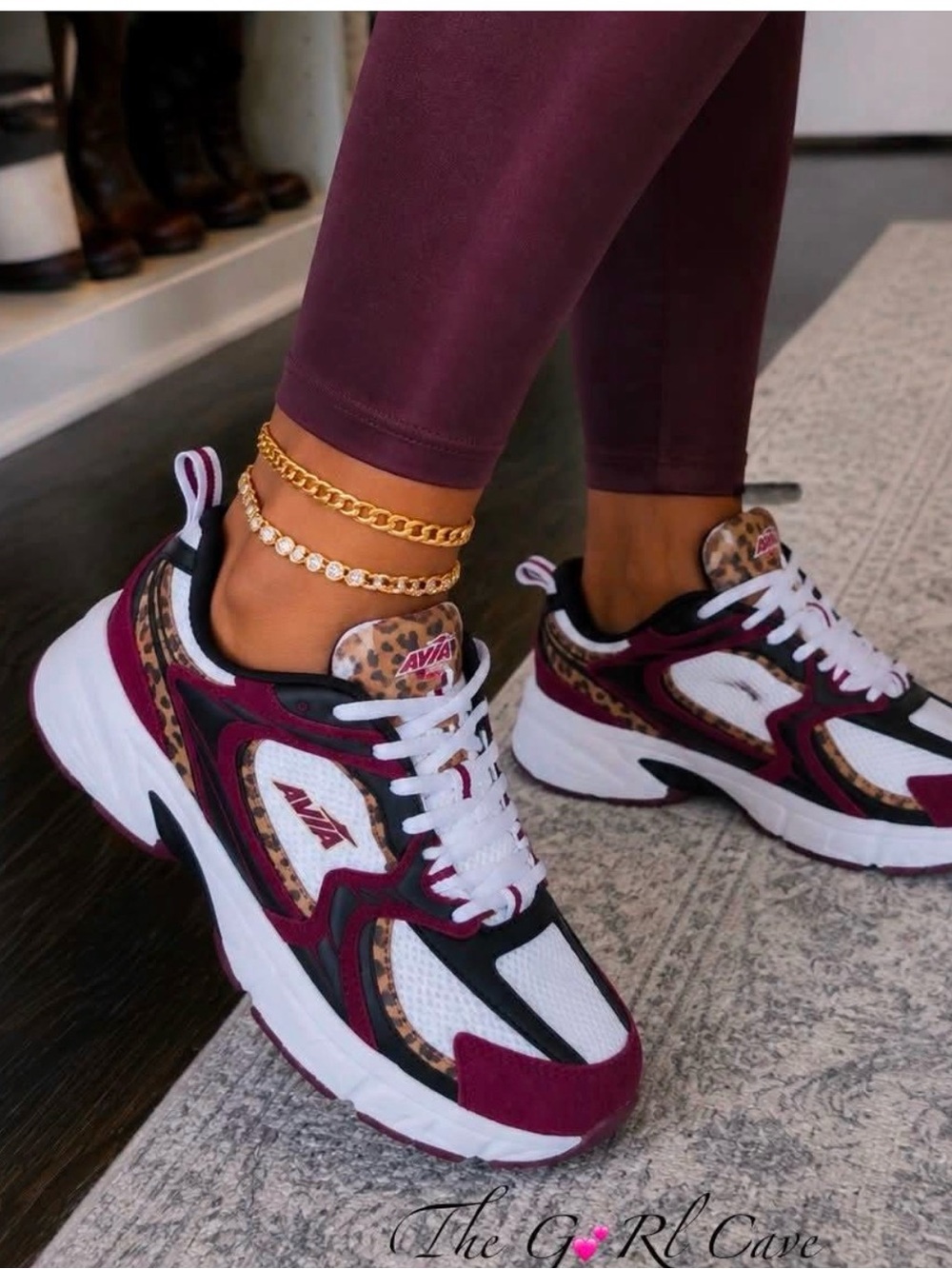 Women's Burgundy Leopard Accent Athletic Sneakers AVIA